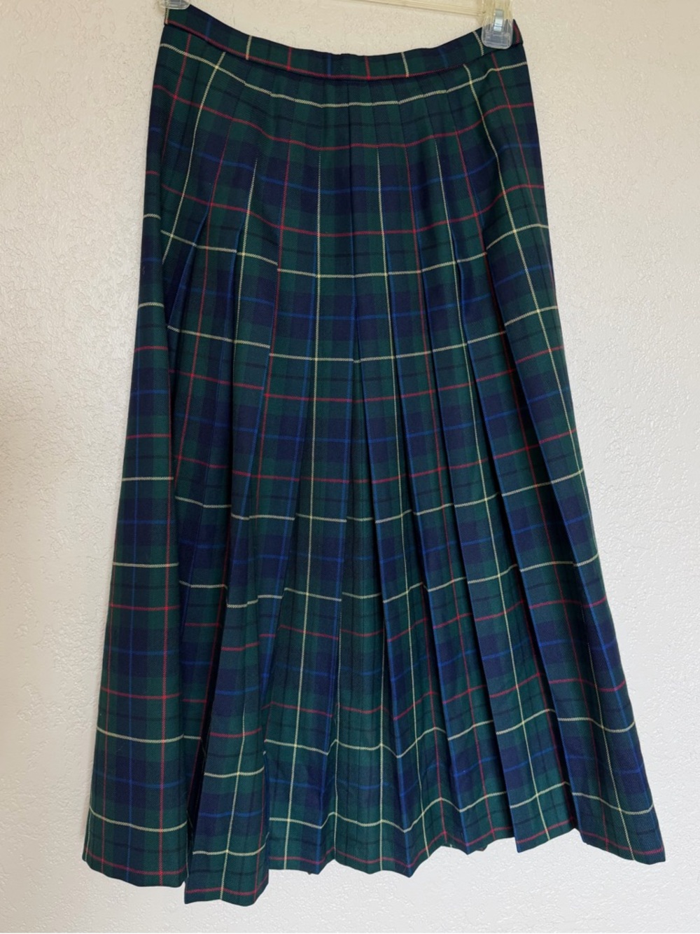 Vintage Wool Pendleton Green & Navy Tartan Pleated Midi Skirt